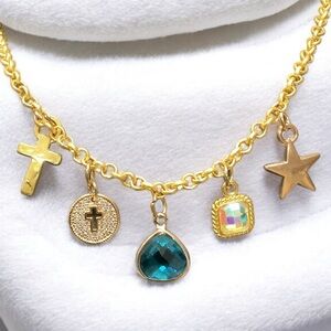 Gold Charm Necklace with Blue and Gold Accents. NWT